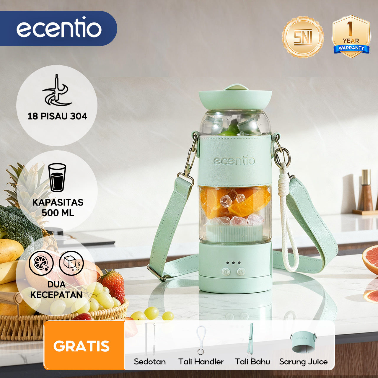 【Disney Juicer Series】ecentio Juicer Blender 18 Pisau 304 Kaca 500ml Dua Kecepatan Portable Mini dengan Sedotan & Tali Sling
