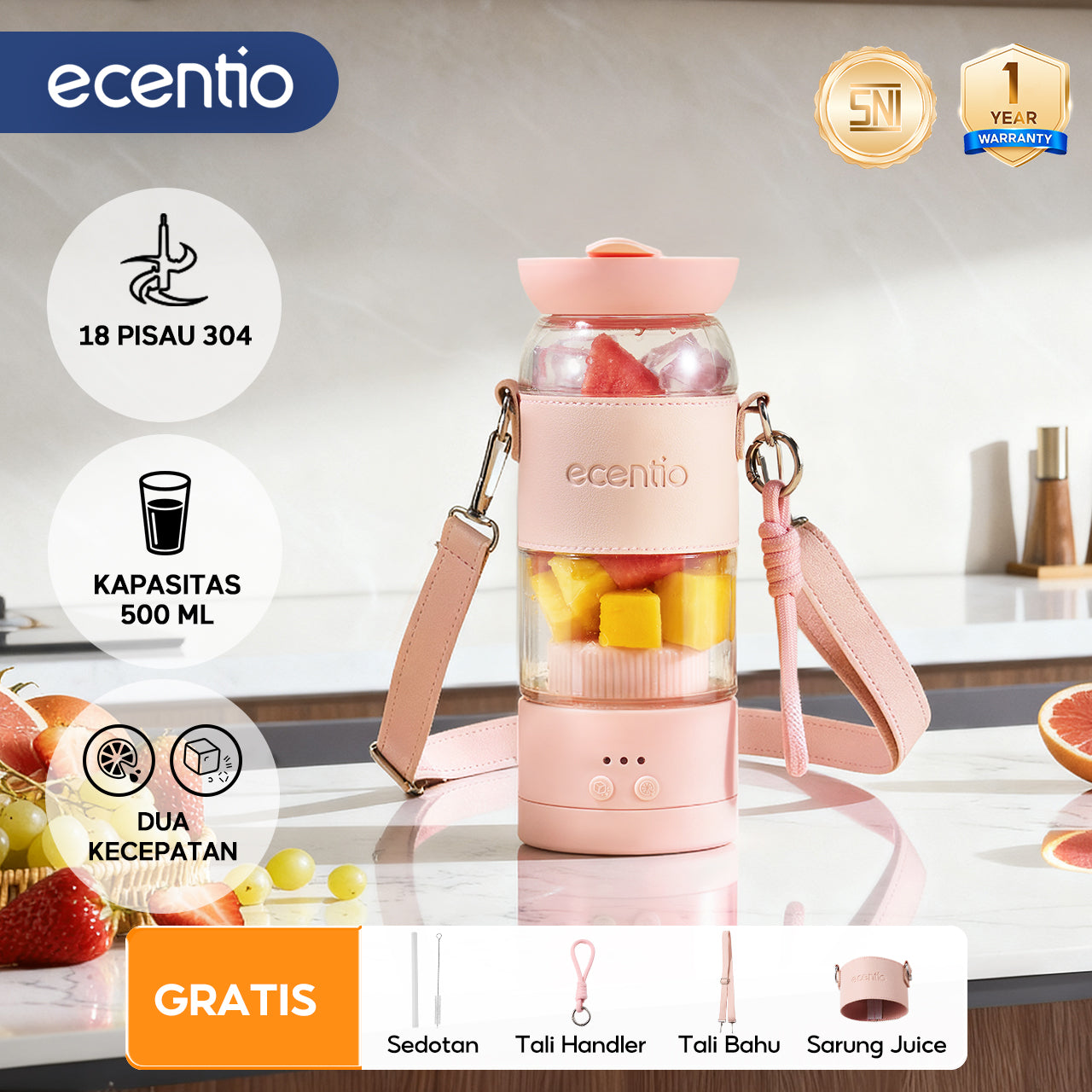 【Disney Juicer Series】ecentio Juicer Blender 18 Pisau 304 Kaca 500ml Dua Kecepatan Portable Mini dengan Sedotan & Tali Sling