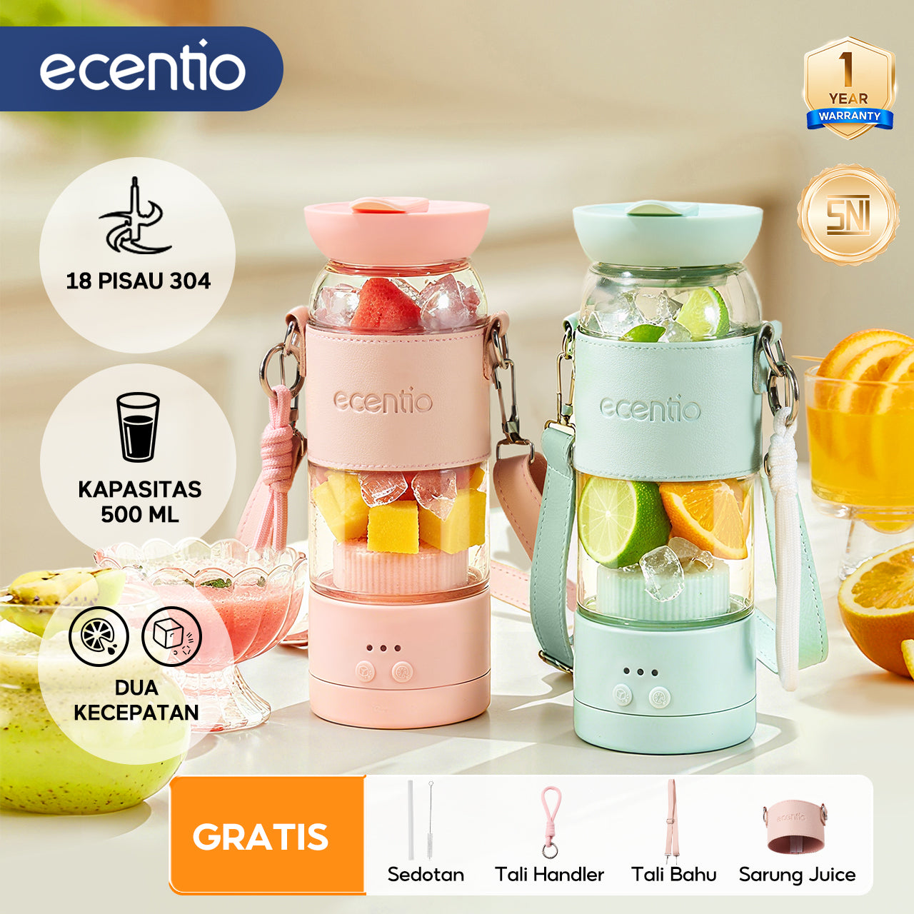 【Disney Juicer Series】ecentio Juicer Blender 18 Pisau 304 Kaca 500ml Dua Kecepatan Portable Mini dengan Sedotan & Tali Sling