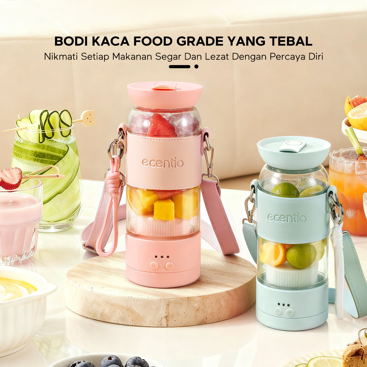 【Disney Juicer Series】ecentio Juicer Blender 18 Pisau 304 Kaca 500ml Dua Kecepatan Portable Mini dengan Sedotan & Tali Sling
