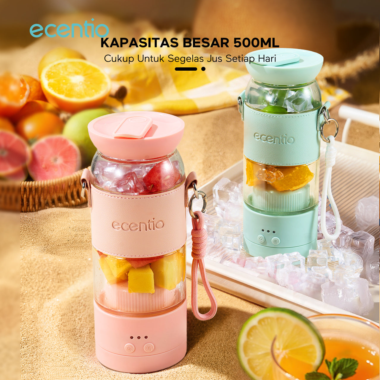 【Disney Juicer Series】ecentio Juicer Blender 18 Pisau 304 Kaca 500ml Dua Kecepatan Portable Mini dengan Sedotan & Tali Sling