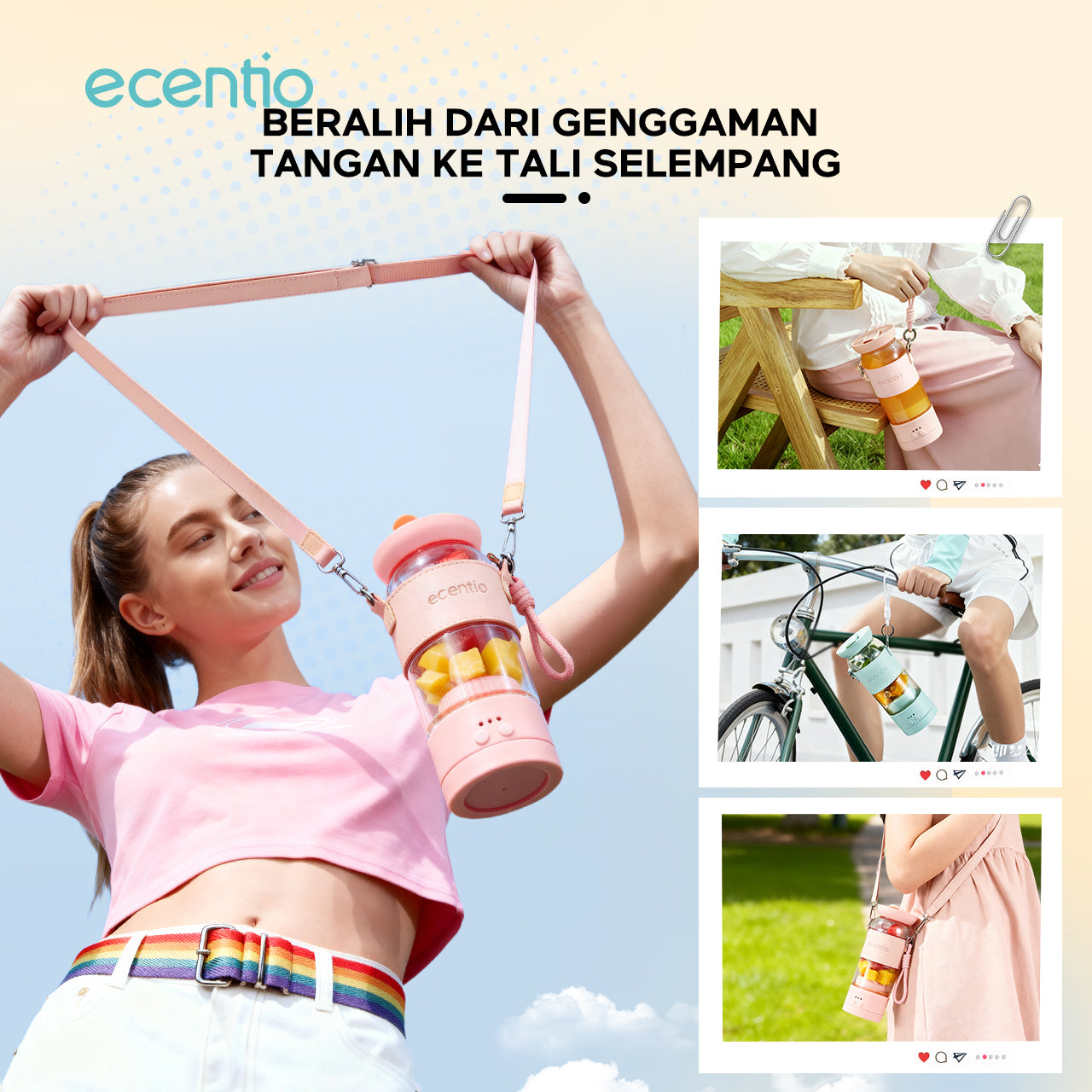 【Disney Juicer Series】ecentio Juicer Blender 18 Pisau 304 Kaca 500ml Dua Kecepatan Portable Mini dengan Sedotan & Tali Sling