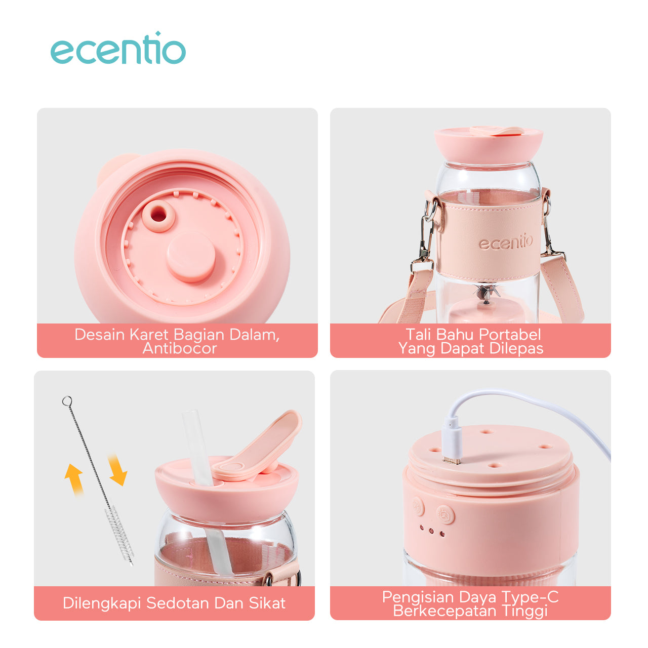 【Disney Juicer Series】ecentio Juicer Blender 18 Pisau 304 Kaca 500ml Dua Kecepatan Portable Mini dengan Sedotan & Tali Sling