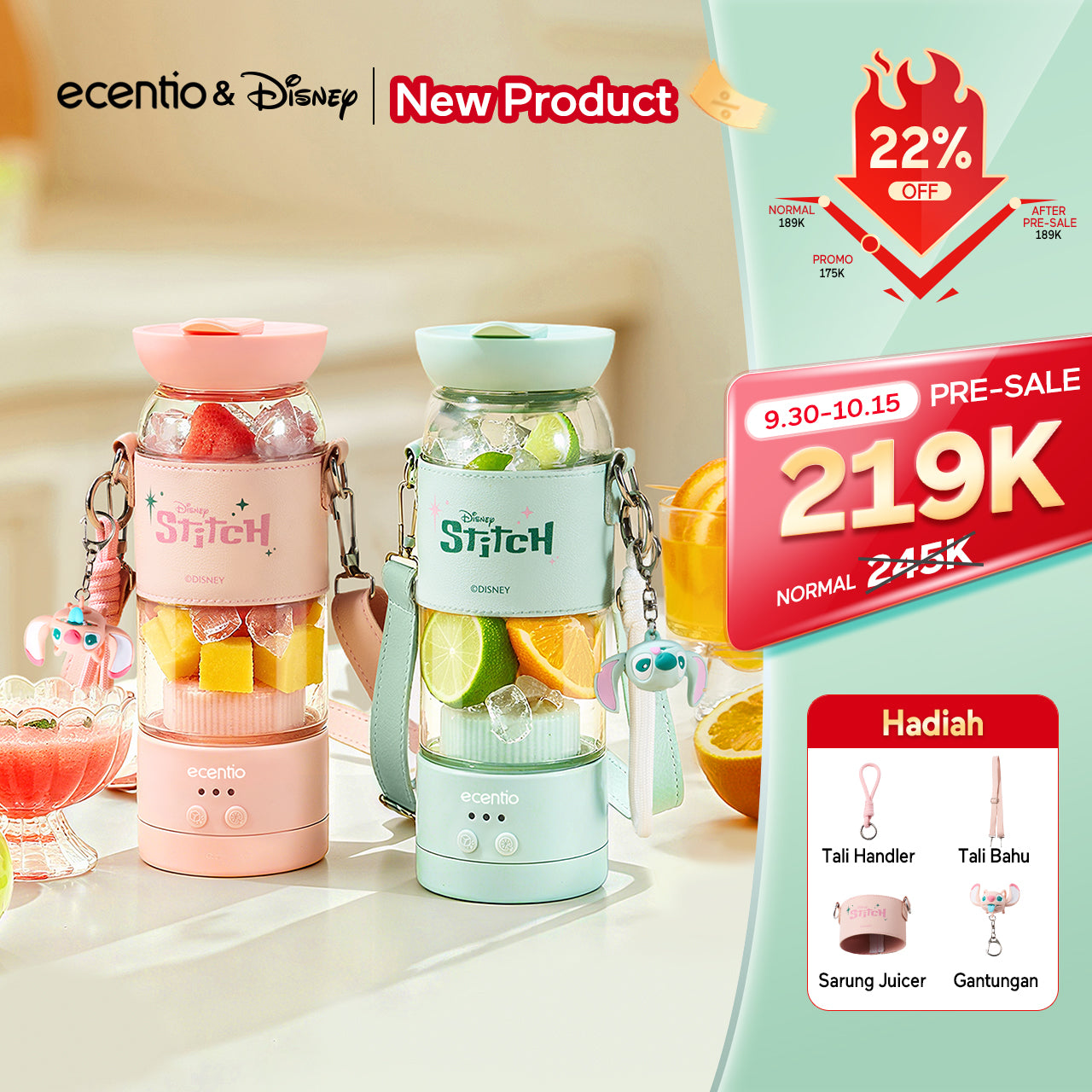 【Disney juicer Series】ecentio juicer blender 18 Pisau 304 juicer Kaca 500ml Dua Kecepatan mini dengan Tali Sling portable dengan sedotan