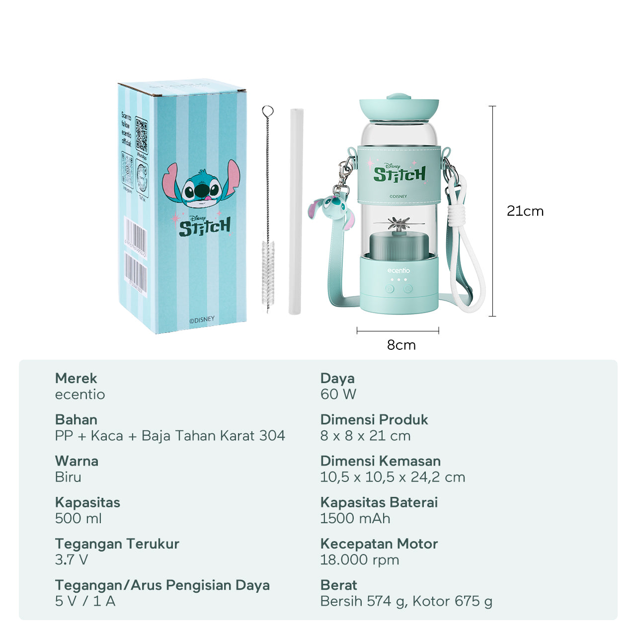 【Disney juicer Series】ecentio juicer blender 18 Pisau 304 juicer Kaca 500ml Dua Kecepatan mini dengan Tali Sling portable dengan sedotan