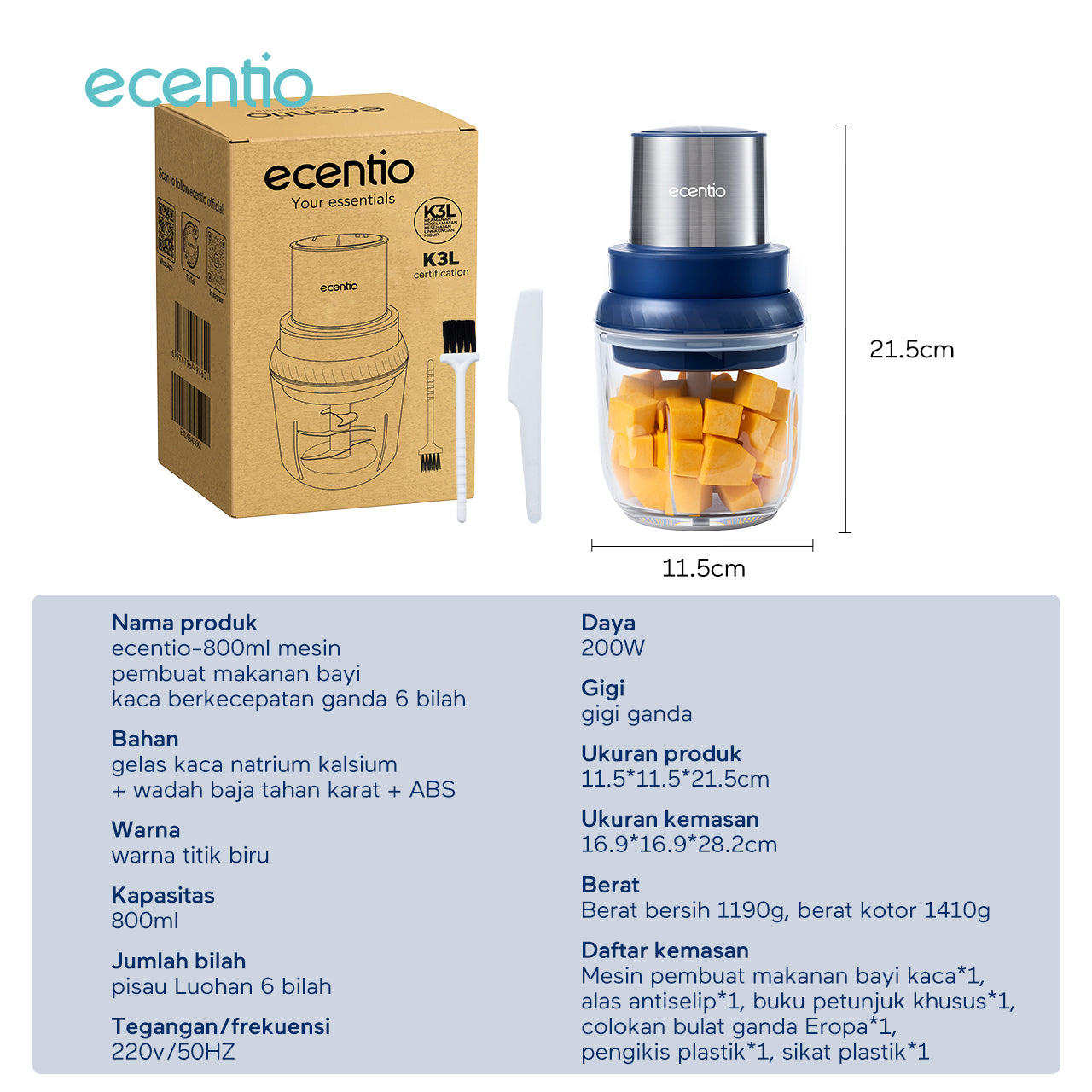 ecentio Blender mini Food Chopper 800ml Bayi Multi-fungsi Blender Mesin Penghalus Daging dan Buah Garansi Resmi 1 Tahun