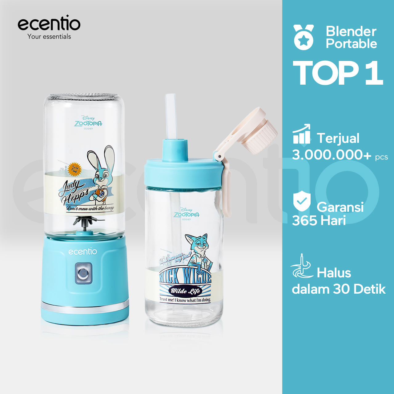 【Disney juicer Series】ecentio juicer blender 18 Pisau 304 juicer Kaca 450ml+450ml Judy portable Nick dengan sedotan
