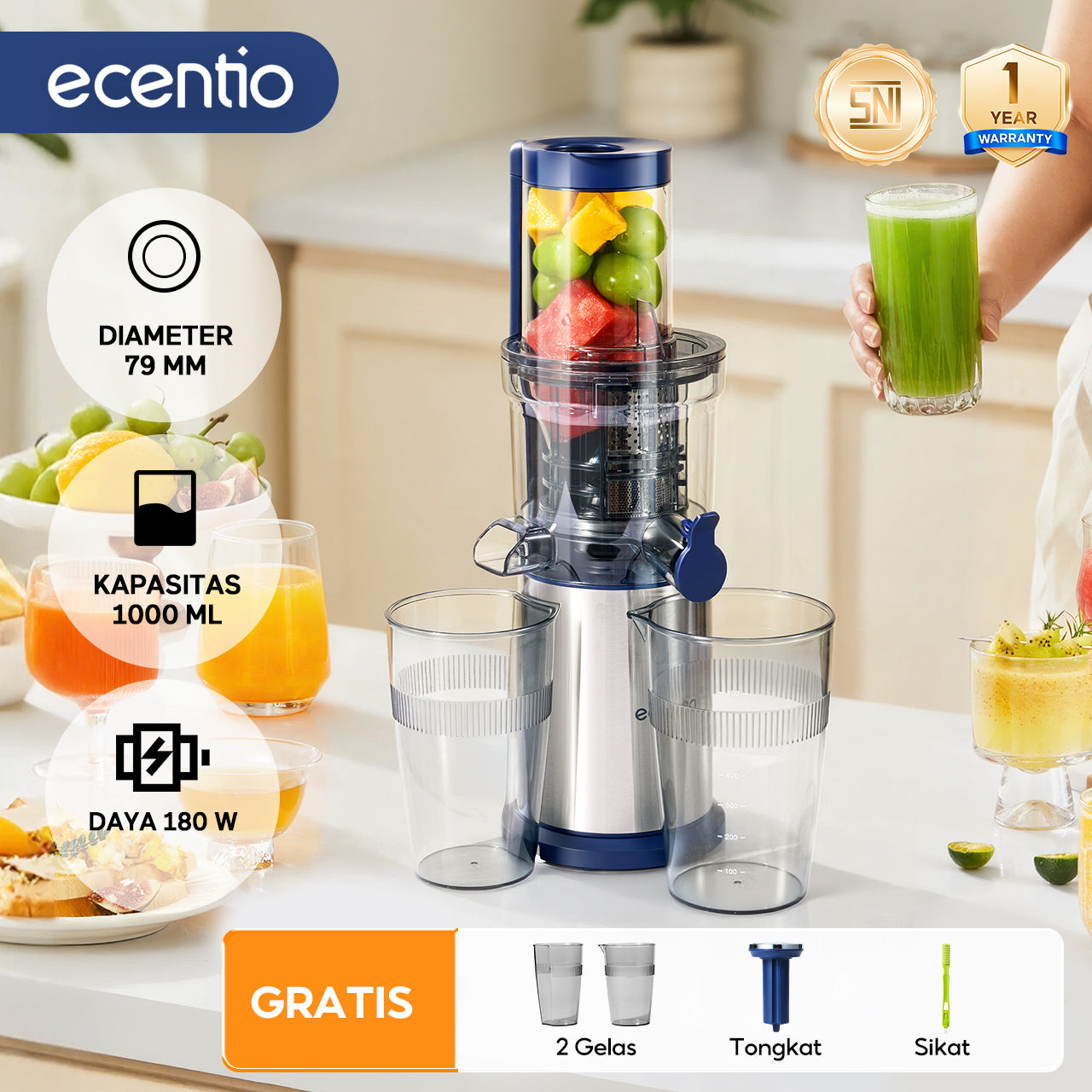 ecentio slow juicer portable 79mm caliber multifungsi blender tanpa ampas bear 700ML+600ML 180W blender fruit juice machine