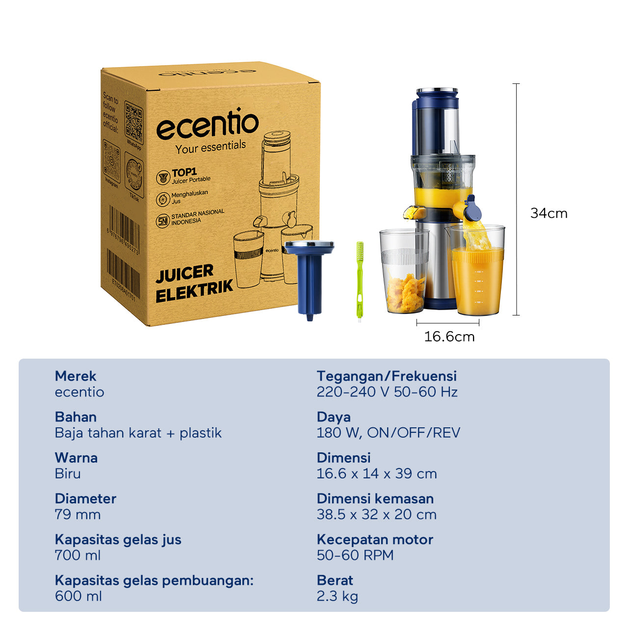 ecentio slow juicer portable 79mm caliber multifungsi blender tanpa ampas bear 700ML+600ML 180W blender fruit juice machine