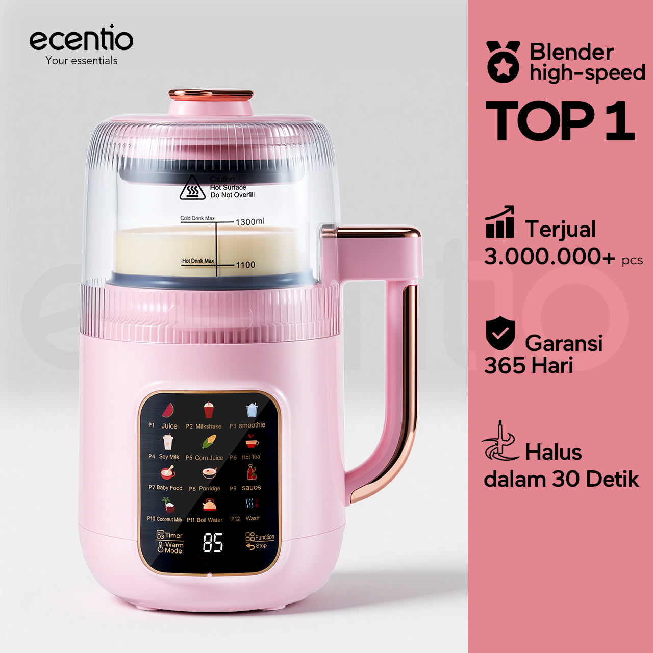 ecentio blender multifungsi blender pemanas 1300ml kaca food grade, 12 mode 22000rpm senyap low noise untuk dapur rumah tangga, blender jus buah slow juicer dengan fungsi dry mill penggiling bumbu
