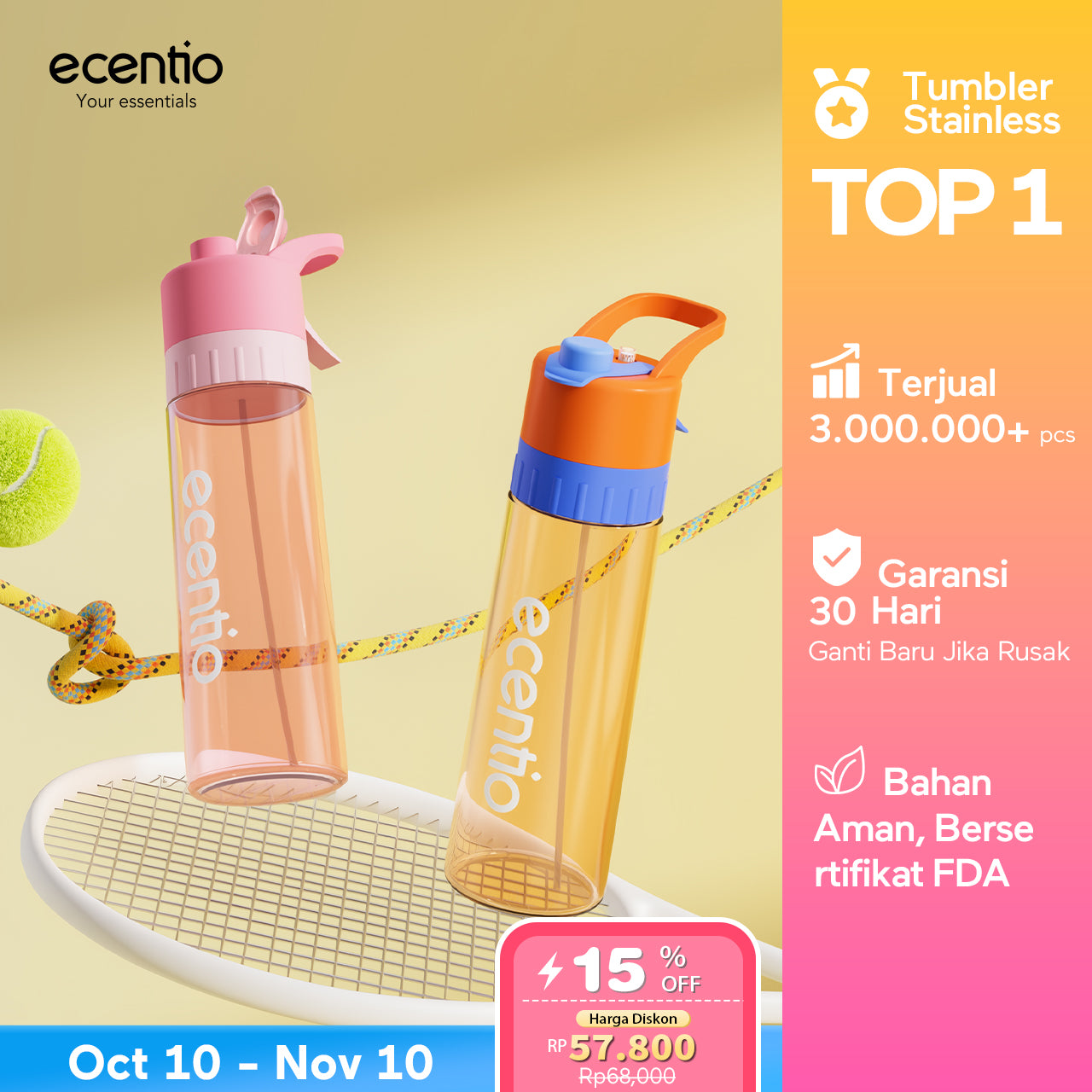 【Dopamine Sport Series】ecentio ourdoor tumbler Stainless olahraga Vacuum 800ml sport aesthetic lari Portable Tetap dingin selama 24 JAM Thermos Botol minum besar
