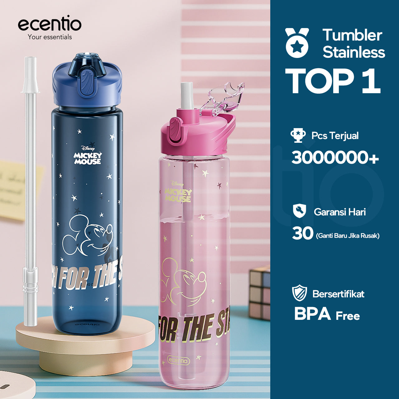 Botol Minum Anak Disney Mickey 1L BPA Free | Anti Bocor, Aman Food Grade, Desain Lucu, Cocok Sekolah & Main