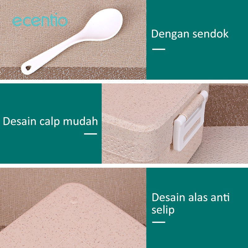ecentio Anti Tumpah lunch box kotak makan 3 Warna PP Jerami Gandum tempat bekal makan 1000ML Free Sendok BPA Free