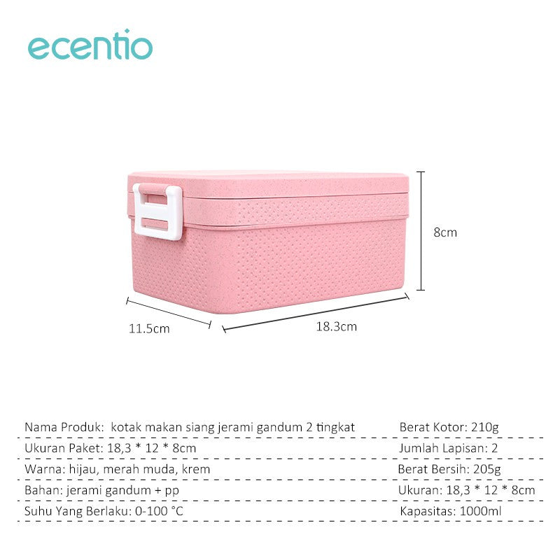 ecentio Anti Tumpah lunch box kotak makan 3 Warna PP Jerami Gandum tempat bekal makan 1000ML Free Sendok BPA Free