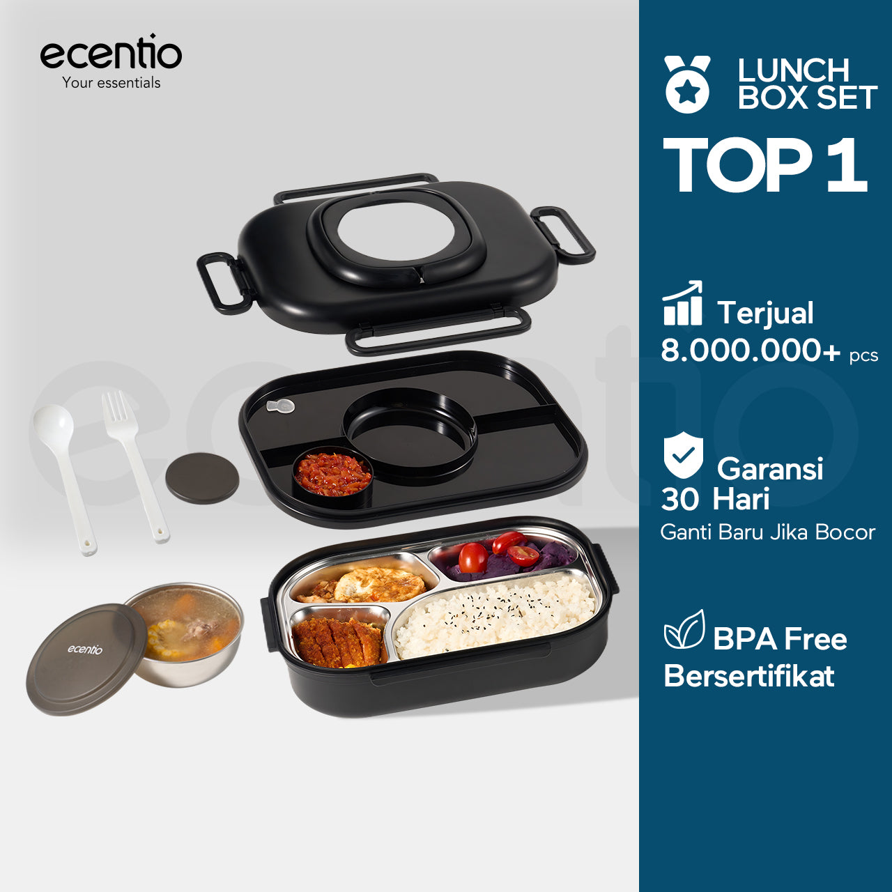【1.0 anti tumpah】ecentio lunch box stainless 1100ml dan tempat sup 360ml sauce free sendok