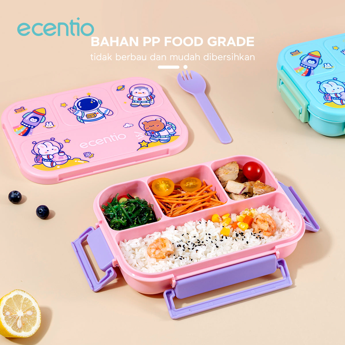 ecentio lunch box set 1000ml anak dan botol minum anti bocor bpa free