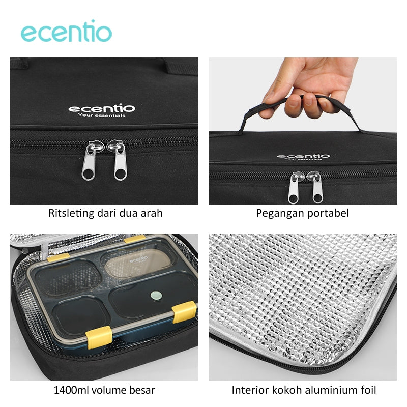 【Gratis Tumbler】ecentio lunch box stainless sekat 4 dan tempat minum anti tumpah tempat makan hitam