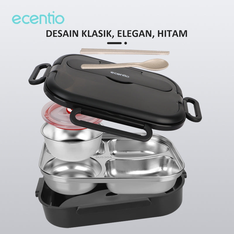 【Gratis Tumbler】ecentio lunch box stainless sekat 4 dan tempat minum anti tumpah tempat makan hitam