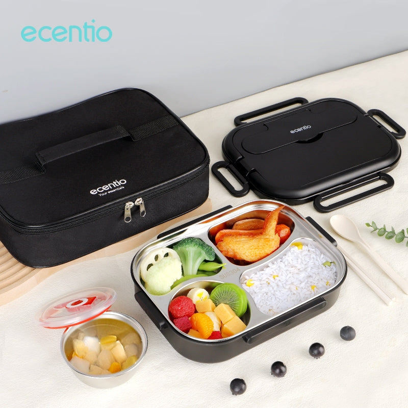 【Gratis Tumbler】ecentio lunch box stainless sekat 4 dan tempat minum anti tumpah tempat makan hitam