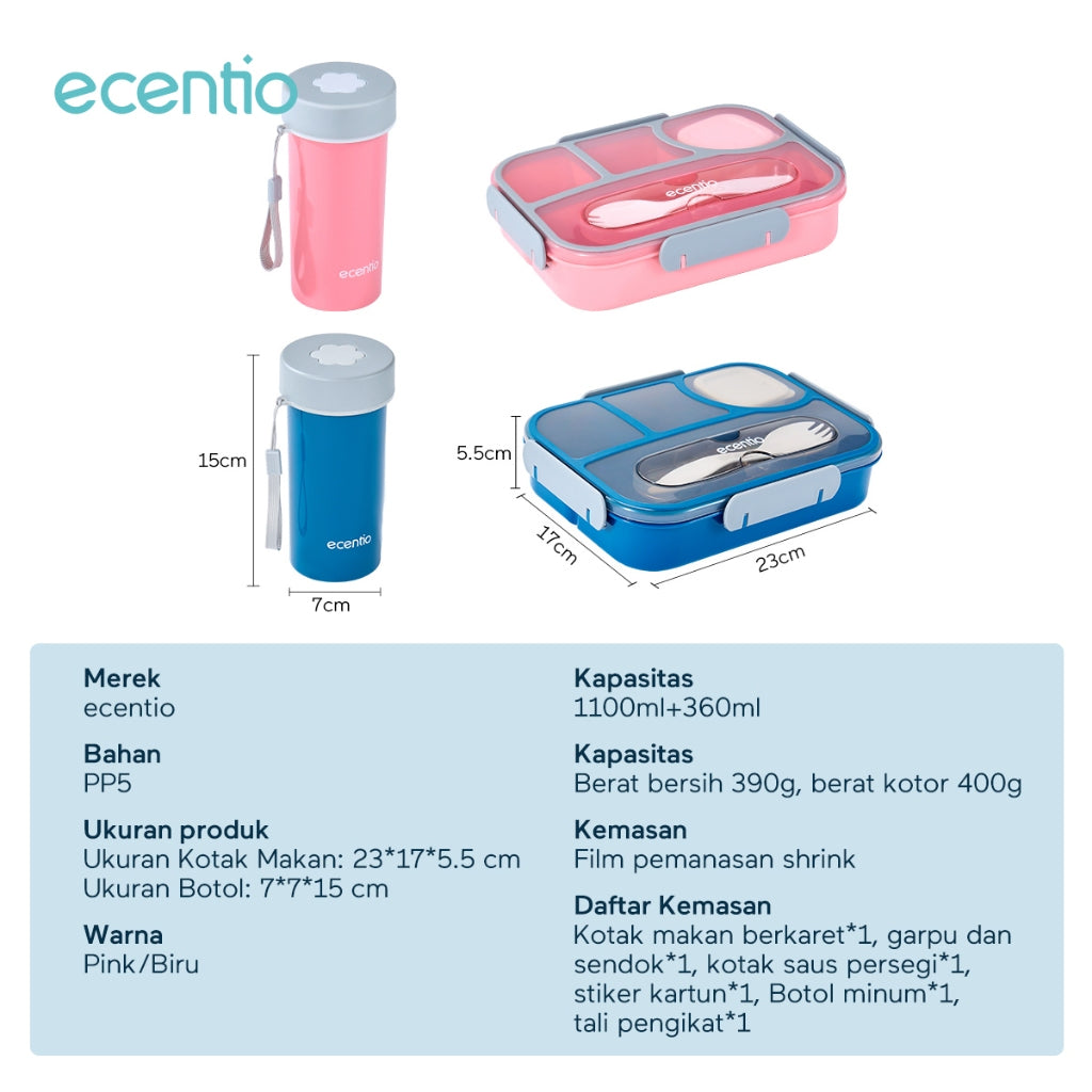 ecentio lunch box 4pcs set tempat bekal dan botol minum