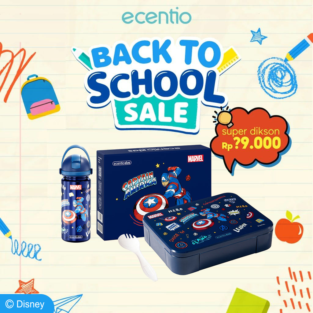 【Orignal】ecentiokids tempat makan anak Disney Elsa Marvel Captain America lucu sekolah BPA free bayi anti tumpah lunch box+botol minum anak set