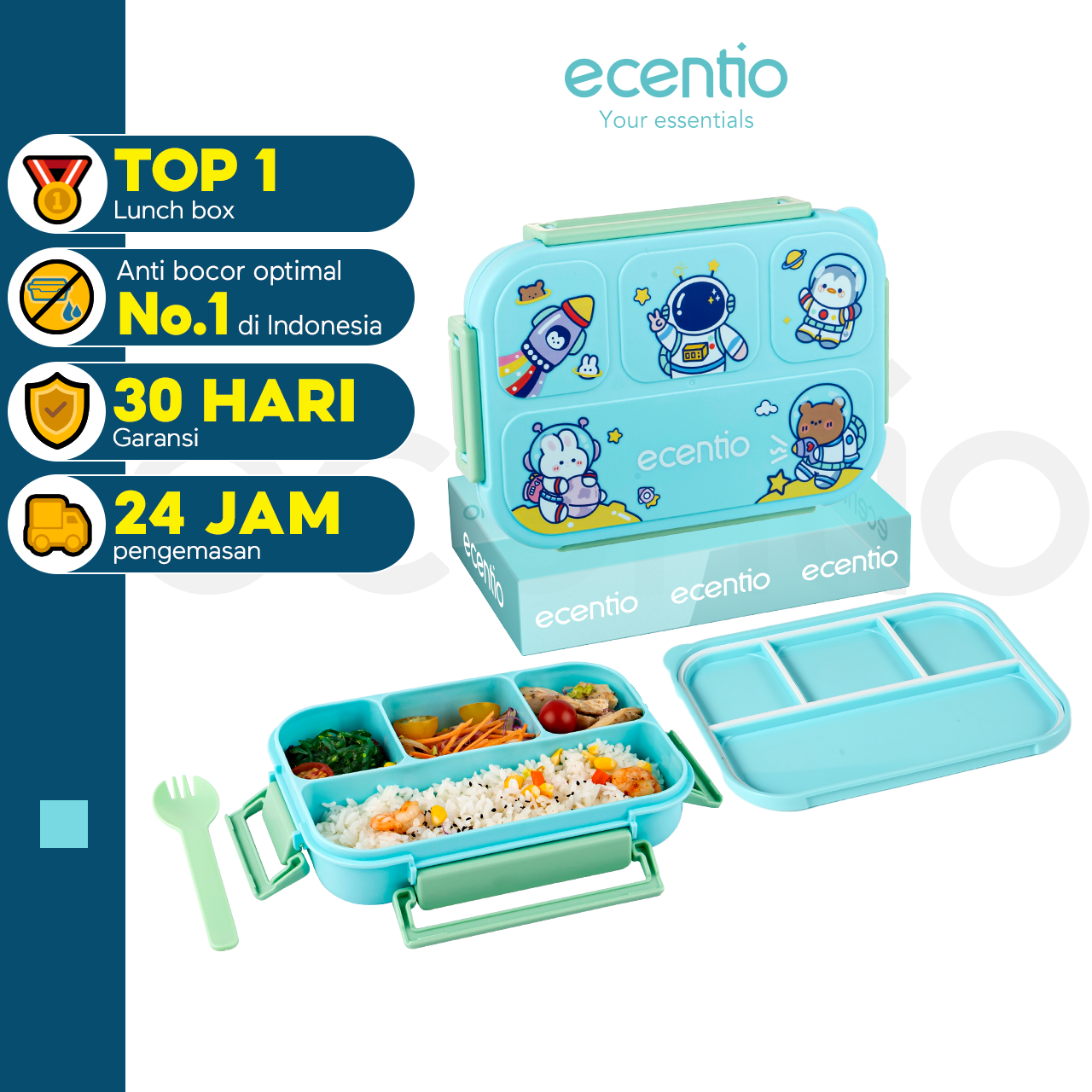 đ„Diskon Khususđ„ecentio Anti Tumpah Kotak Bekal Makan Anak 4 grids 1000ML