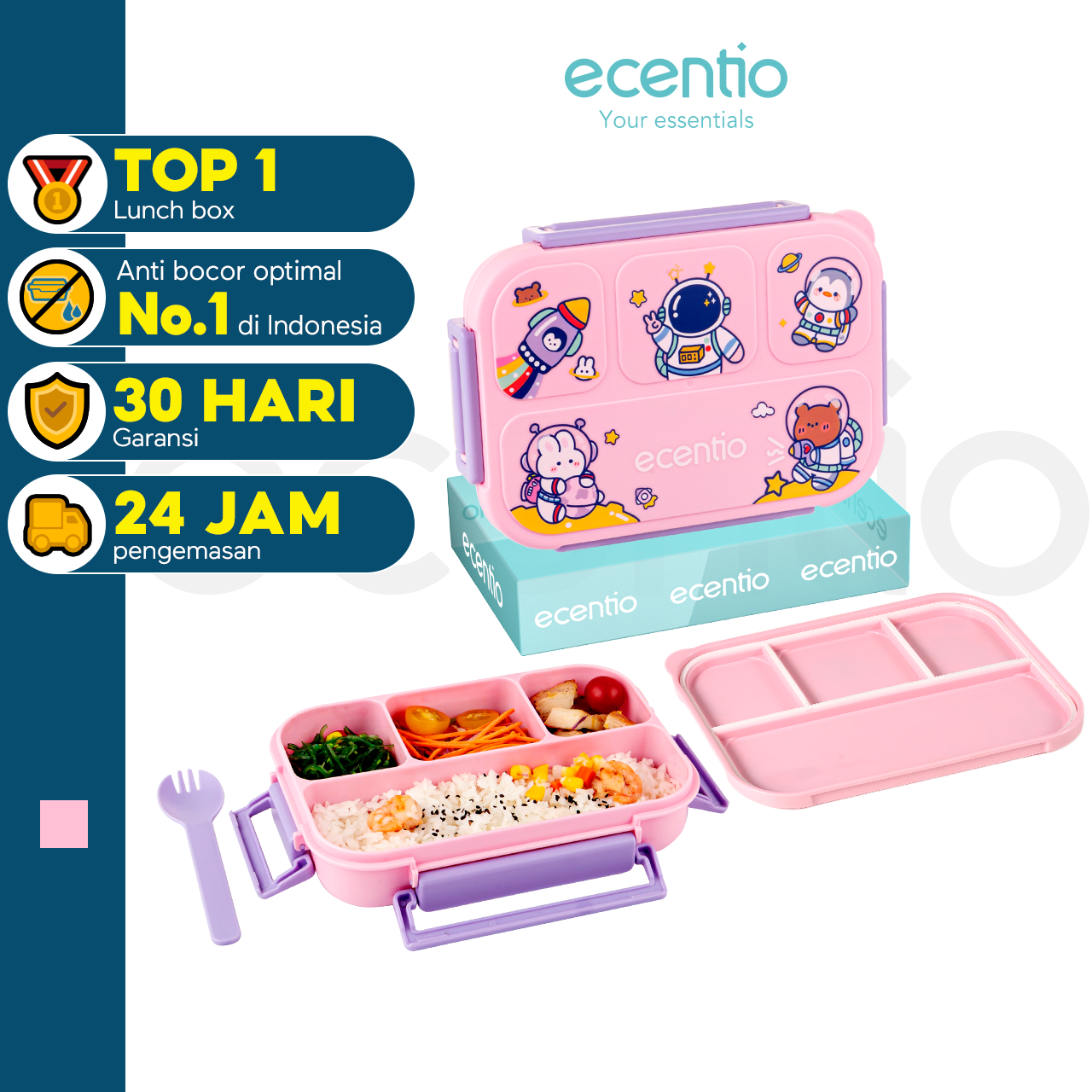 đ„Diskon Khususđ„ecentio Anti Tumpah Kotak Bekal Makan Anak 4 grids 1000ML