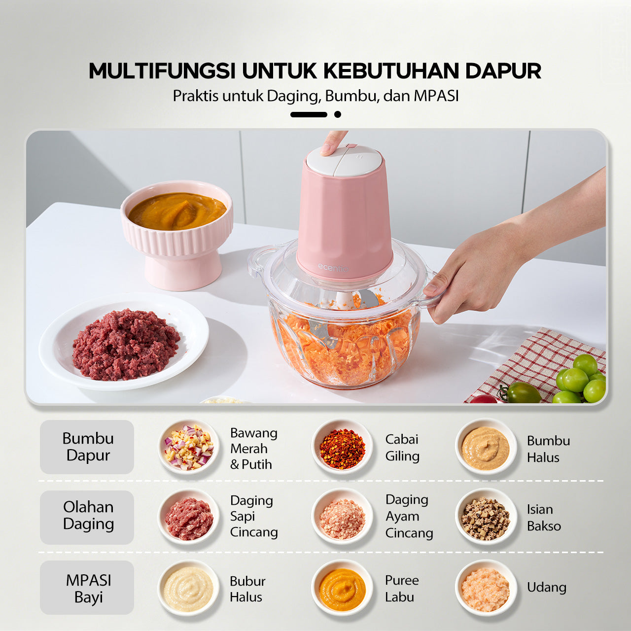 Pre- order ecentio chopper blender bumbu chopper daging kaca 2L 6 pisau spiral food grade, gilingan daging serbaguna untuk dapur rumah tangga, hasil gilingan halus dan cepat