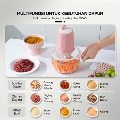 Pre- order ecentio chopper blender bumbu chopper daging kaca 2L 6 pisau spiral food grade, gilingan daging serbaguna untuk dapur rumah tangga, hasil gilingan halus dan cepat