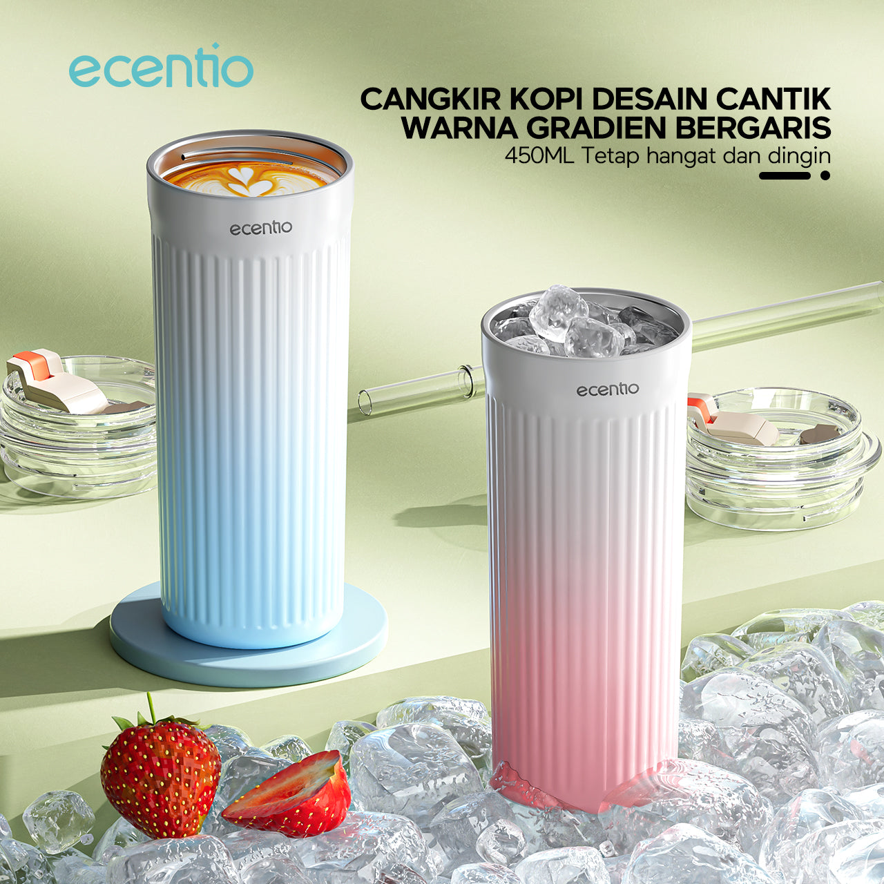 ecentio 450ml Termos 316 stainless anti bocor tetap dingin 24 jam sedotan dengan - Biru Muda