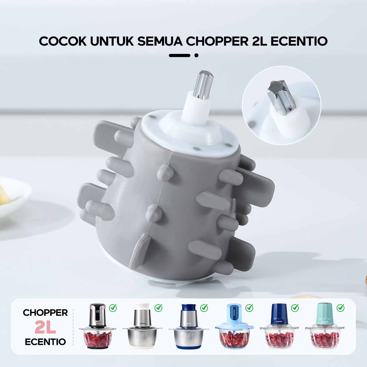 Pre- order ecentio chopper blender bumbu chopper daging kaca 2L 6 pisau spiral food grade, gilingan daging serbaguna untuk dapur rumah tangga, hasil gilingan halus dan cepat