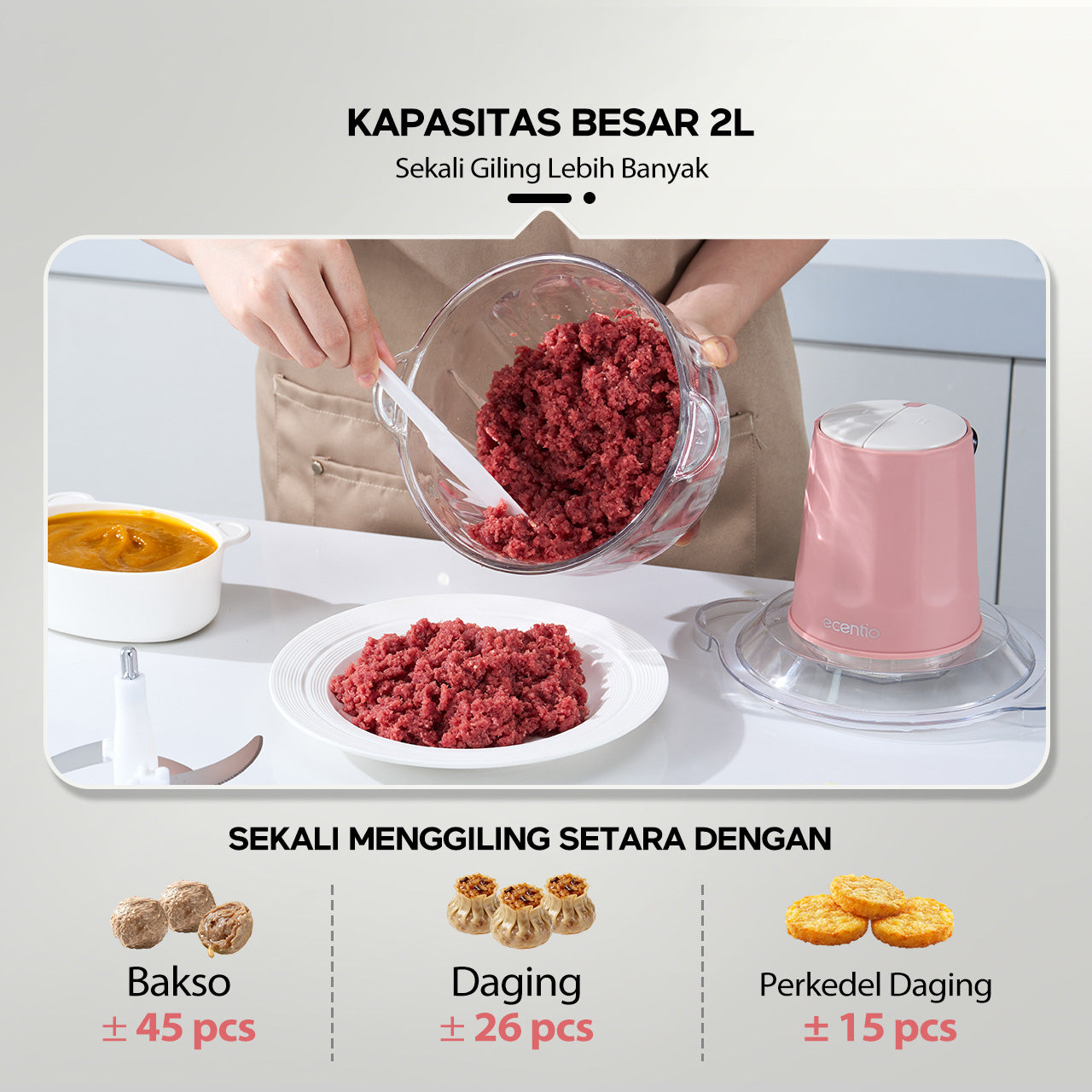 Pre- order ecentio chopper blender bumbu chopper daging kaca 2L 6 pisau spiral food grade, gilingan daging serbaguna untuk dapur rumah tangga, hasil gilingan halus dan cepat