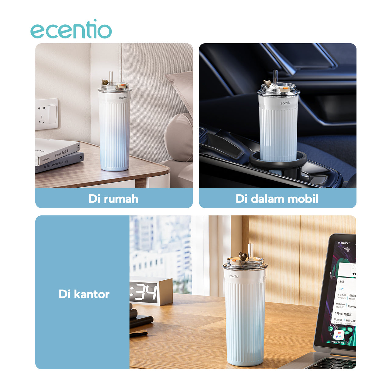 ecentio 450ml Termos 316 stainless anti bocor tetap dingin 24 jam sedotan dengan - Biru Muda