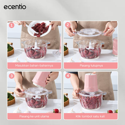 Pre- order ecentio chopper blender bumbu chopper daging kaca 2L 6 pisau spiral food grade, gilingan daging serbaguna untuk dapur rumah tangga, hasil gilingan halus dan cepat