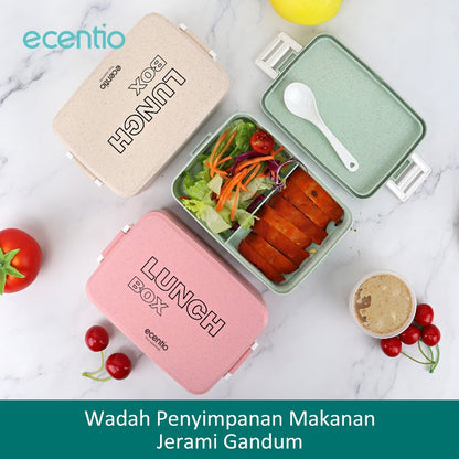 ecentio Anti Tumpah lunch box kotak makan 3 Warna PP Jerami Gandum tempat bekal makan 1000ML Free Sendok  BPA Free