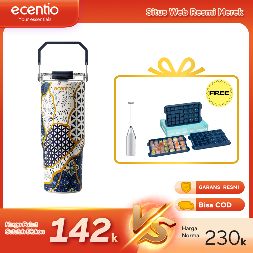 【Buy 1 get 3】ecentio Tumbler Minum 900ml Stainless Steel | Anti Bocor, Premium & Tahan Panas Dingin Free gift: Mixer Stick dry battery (Silver)  and Ice Tray 32 Grid