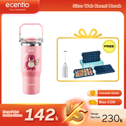 【Buy 1 get 3】ecentio Tumbler Minum 900ml Stainless Steel | Anti Bocor, Premium & Tahan Panas Dingin Free gift: Mixer Stick dry battery (Silver)  and Ice Tray 32 Grid