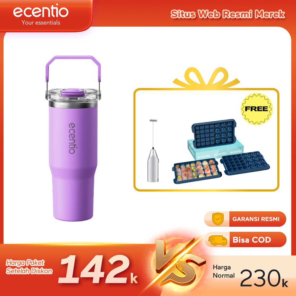 【Buy 1 get 3】ecentio Tumbler Minum 900ml Stainless Steel | Anti Bocor, Premium & Tahan Panas Dingin Free gift: Mixer Stick dry battery (Silver)  and Ice Tray 32 Grid