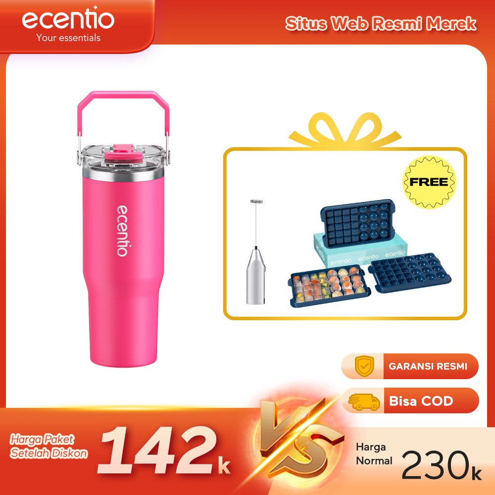【Buy 1 get 3】ecentio Tumbler Minum 900ml Stainless Steel | Anti Bocor, Premium & Tahan Panas Dingin Free gift: Mixer Stick dry battery (Silver)  and Ice Tray 32 Grid