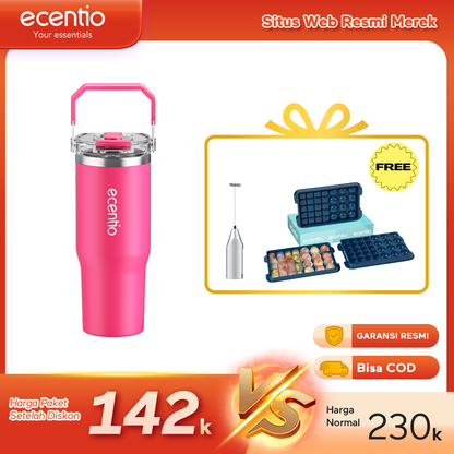 【Buy 1 get 3】ecentio Tumbler Minum 900ml Stainless Steel | Anti Bocor, Premium & Tahan Panas Dingin Free gift: Mixer Stick dry battery (Silver)  and Ice Tray 32 Grid