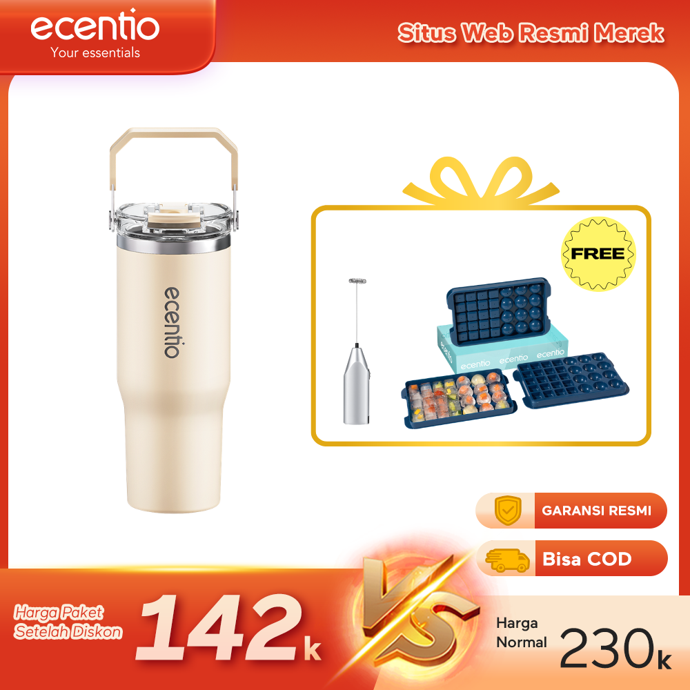 【Buy 1 get 3】ecentio Tumbler Minum 900ml Stainless Steel | Anti Bocor, Premium & Tahan Panas Dingin Free gift: Mixer Stick dry battery (Silver)  and Ice Tray 32 Grid