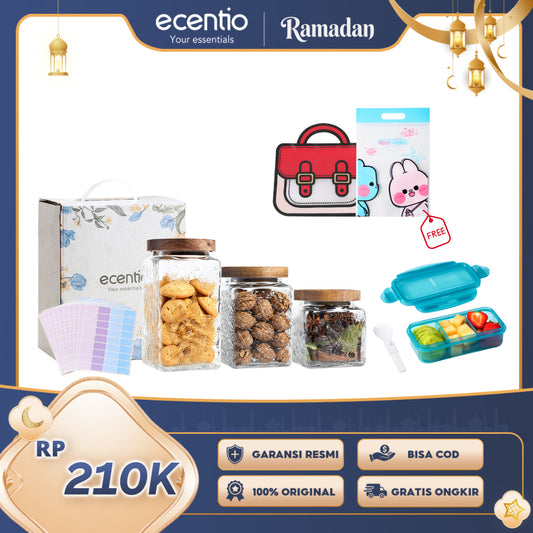 ecentio Ramadhan Snack & Storage Gift Set — Wadah Kaca × Kotak Snack × Kantong Snack