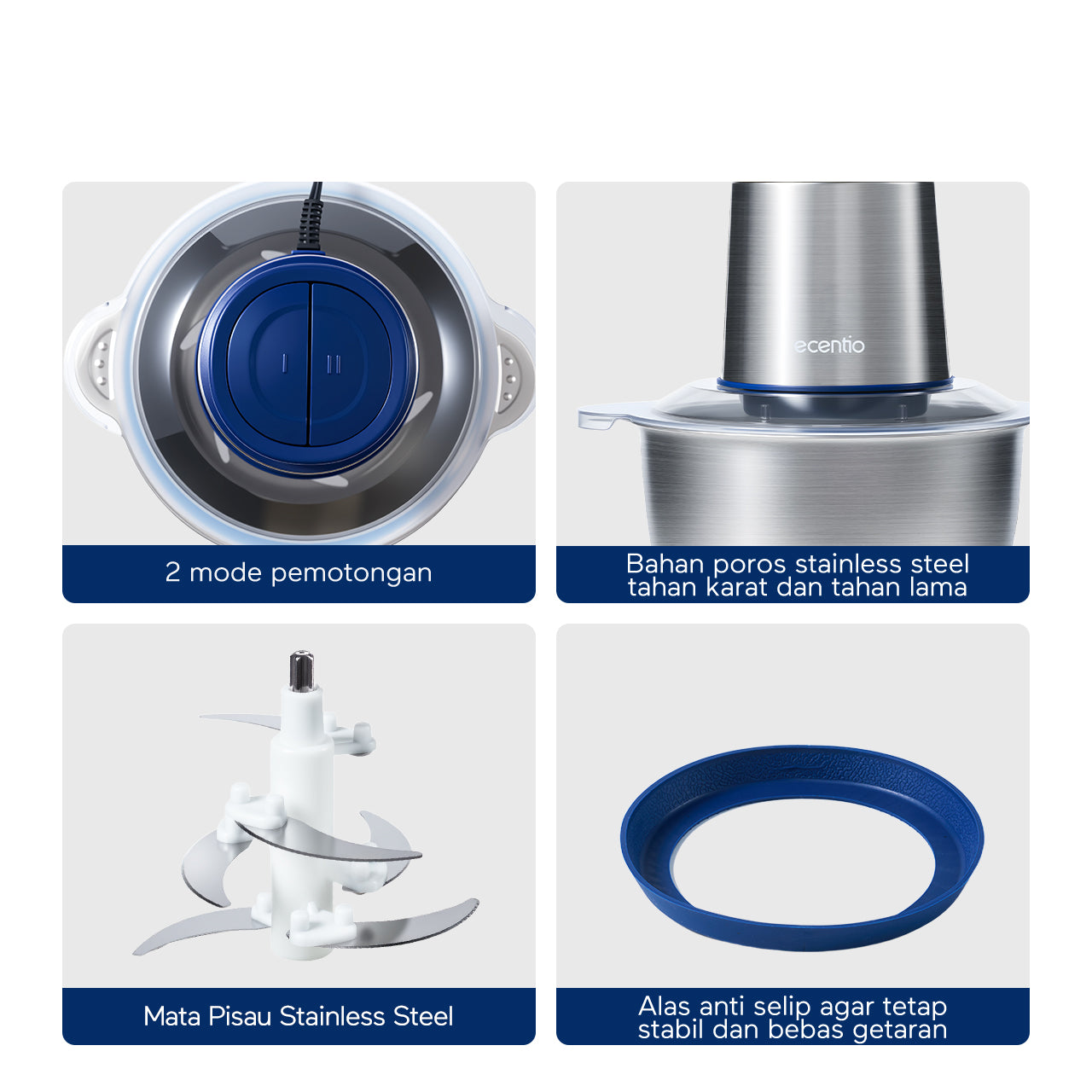 ecentio Chopper Stainless Blender Multifungsi 2L 6 Mata Pisau 2 Mode Presis IFood Grade Garansi 1 Tahun