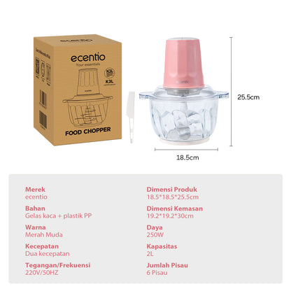 Pre- order ecentio chopper blender bumbu chopper daging kaca 2L 6 pisau spiral food grade, gilingan daging serbaguna untuk dapur rumah tangga, hasil gilingan halus dan cepat