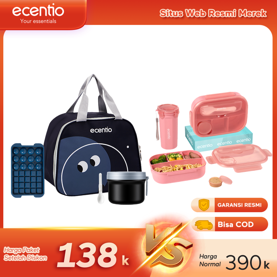 【Buy 1 Get 5】ecentio Fresh Bekal & Drink Set — Lunch Box 4 Sekat + Botol + Tas Bekal + Soup pot 304 stainless steel + Ice Tray 32 Grid