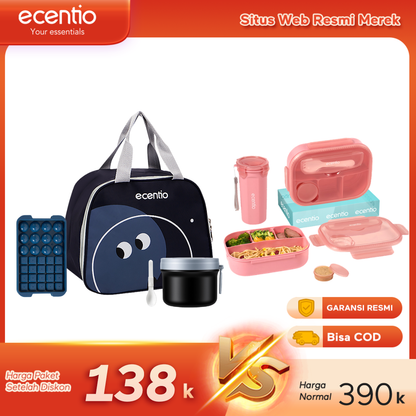 【Buy 1 Get 5】ecentio Fresh Bekal & Drink Set — Lunch Box 4 Sekat + Botol + Tas Bekal + Soup pot 304 stainless steel + Ice Tray 32 Grid