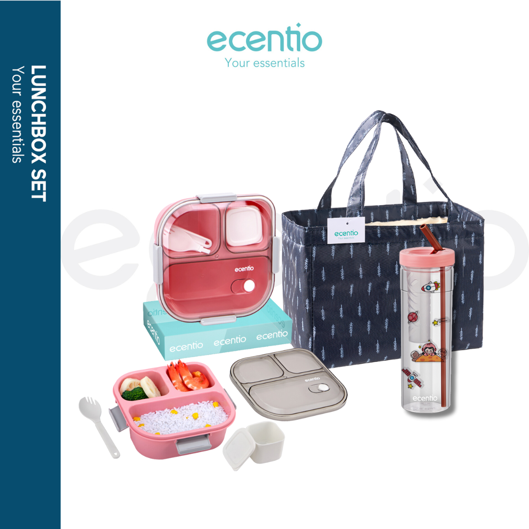 【DISKON 10RB】ecentio 3grid lunch box bottle 780ml lunch bag set