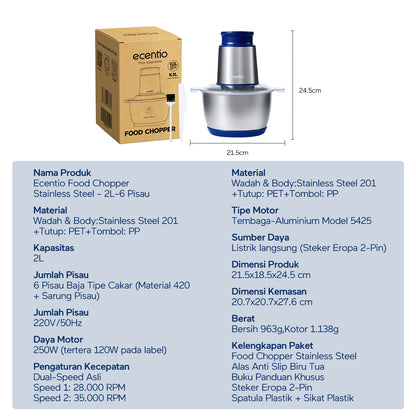 ecentio Chopper Stainless Blender Multifungsi 2L 6 Mata Pisau 2 Mode Presis IFood Grade Garansi 1 Tahun