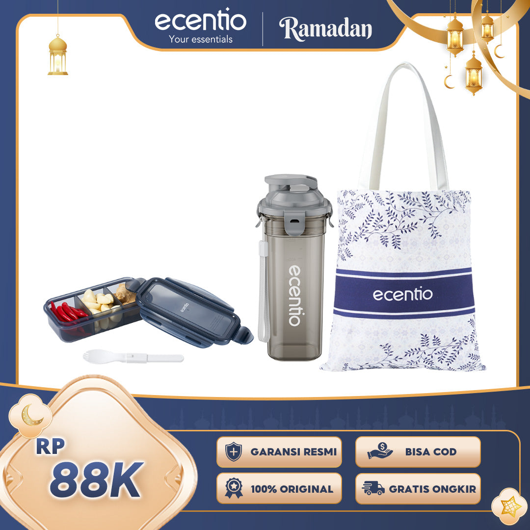 ecentio Paket Lifestyle Praktis Botol Minum 500ml + Snack Box + Tas Kanvas Batik Stylish & Fungsional Pilihan Warna Hijau / Abu / Merah