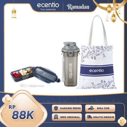 ecentio Paket Lifestyle Praktis Botol Minum 500ml + Snack Box + Tas Kanvas Batik Stylish & Fungsional Pilihan Warna Hijau / Abu / Merah